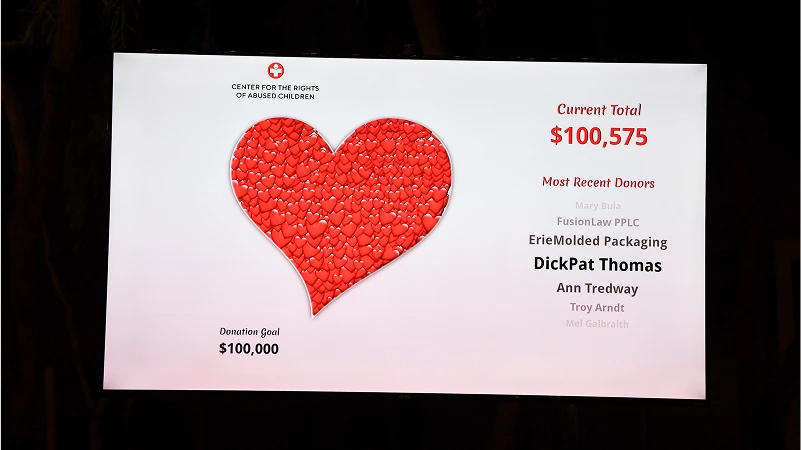 Donation display board for the Center for the Rights of Abused Children, featuring a heart made of red hearts, showing a current total of $100,575 and recent donors, with a donation goal of $100,000.