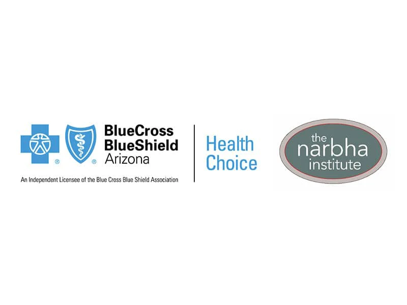 Blue Cross Blue Shield Arizona logo alongside Health Choice and the Narbha Institute logos, representing partnerships in health advocacy for children.