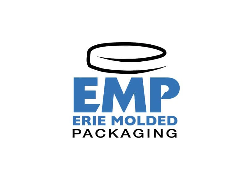 EMP logo for Erie Molded Packaging, featuring bold blue letters and a graphic element representing packaging, relevant to the Center for the Rights of Abused Children’s advocacy and partnership initiatives.