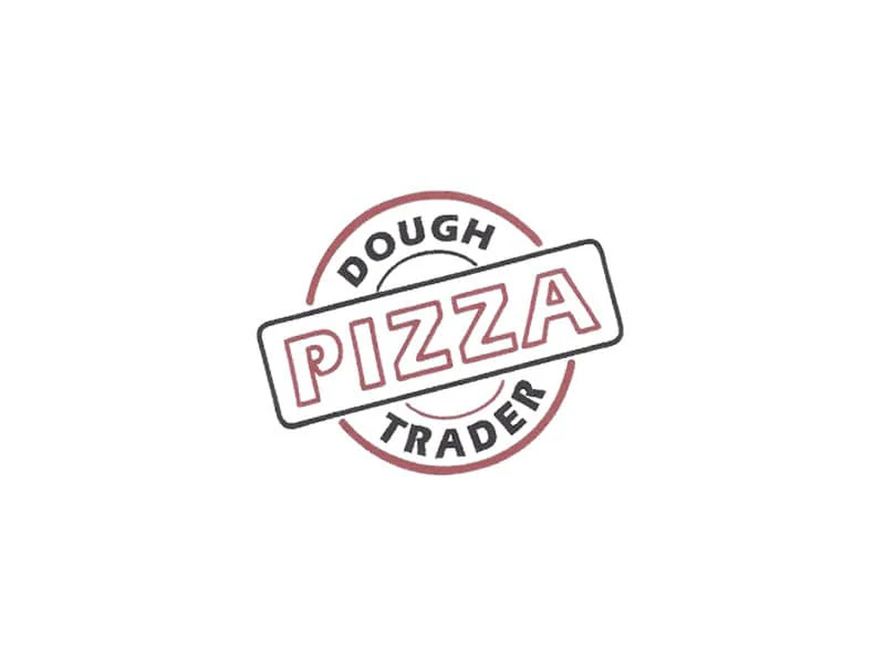 Logo of Pizza Trader featuring the words "DOUGH" and "PIZZA" in bold lettering, symbolizing a partnership with the Center for the Rights of Abused Children.