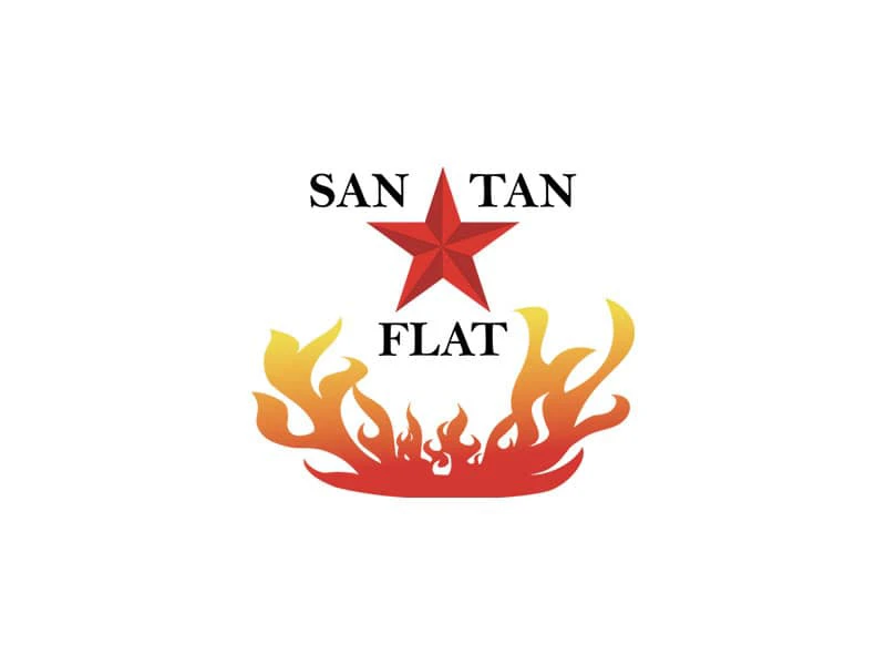Logo of San Tan Flat featuring a red star above the text "SAN TAN FLAT" and stylized flames in red and orange, representing the Center for the Rights of Abused Children and its advocacy efforts.
